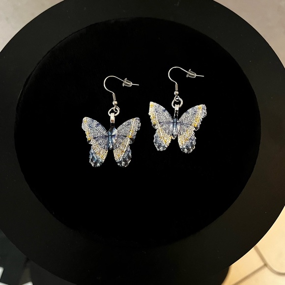 Dangly blue yellow butterfly earrings stainless steel post allergy free boho - Picture 5 of 8